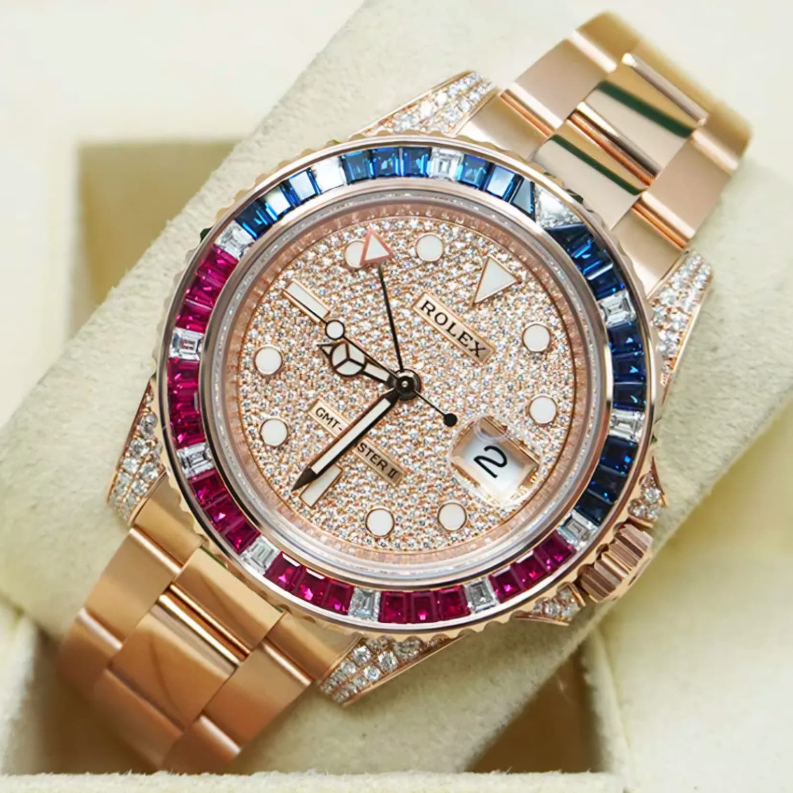 Rolex GMT-Master II Everose Gold Sapphire & Ruby Rainbow Bezel Pavé Diamond Dial